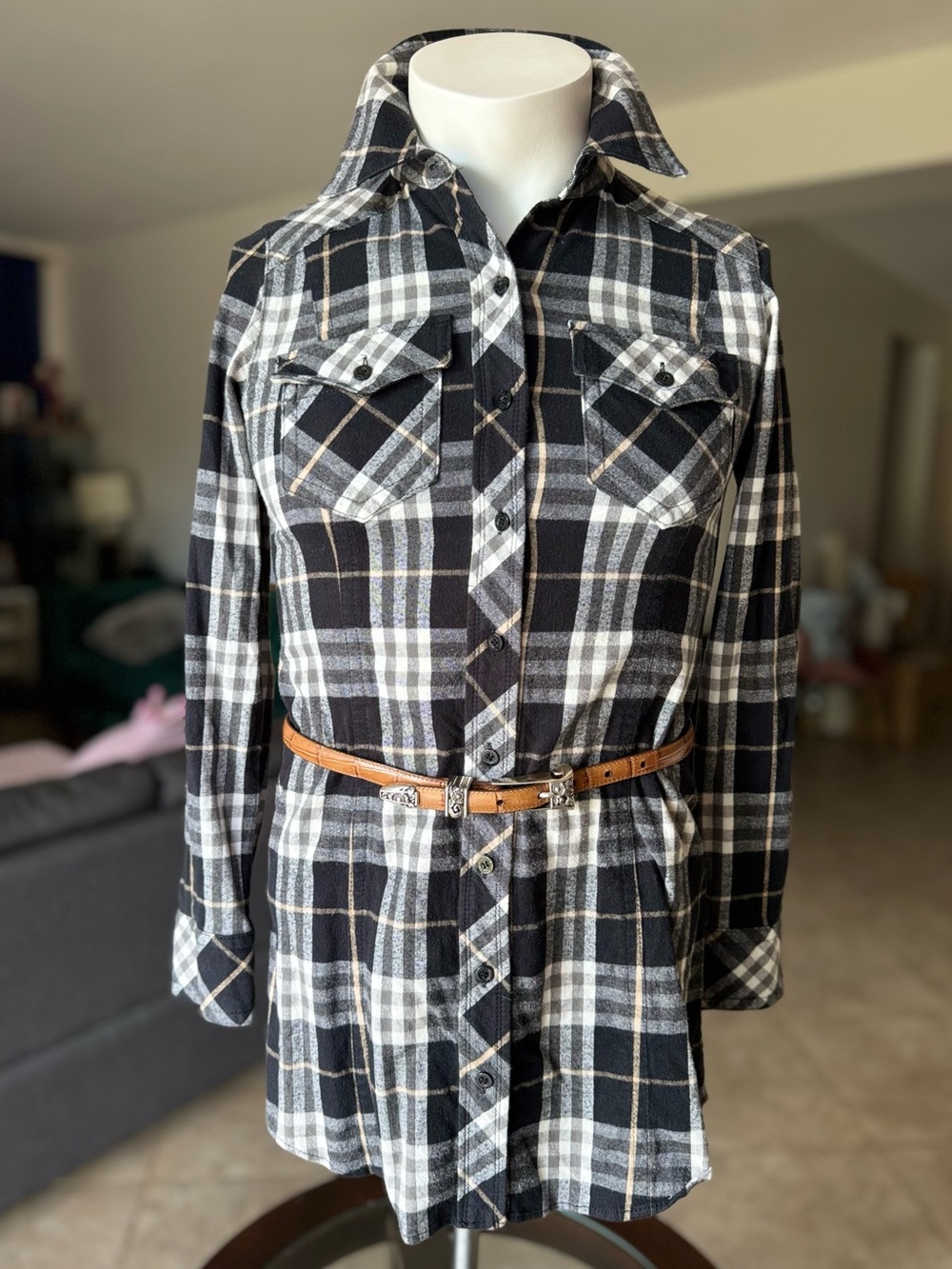 Burberry Black and White Plaid Button-Down Tunic with Tan Belt